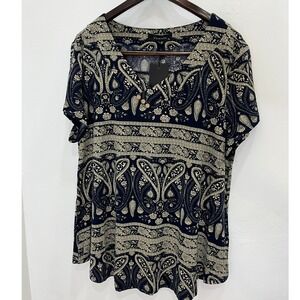 Vinmatto Paisley Floral Blouse Womens 3XL Navy Blue New Boho Short Sleeve Top